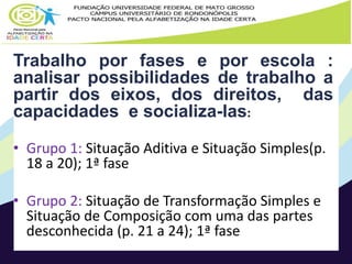 Trabalho por fases e por escola : 
analisar possibilidades de trabalho a 
partir dos eixos, dos direitos, das 
capacidades e socializa-las: 
• Grupo 1: Situação Aditiva e Situação Simples(p. 
18 a 20); 1ª fase 
• Grupo 2: Situação de Transformação Simples e 
Situação de Composição com uma das partes 
desconhecida (p. 21 a 24); 1ª fase 
 