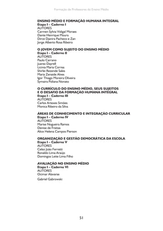 Formação de Professores do Ensino Médio 
ENSINO MÉDIO E FORMAÇÃO HUMANA INTEGRAL 
Etapa I – Caderno I 
AUTORES 
Carmen Sylvia Vidigal Moraes 
Dante Henrique Moura 
Dirce Djanira Pacheco e Zan 
Jorge Alberto Rosa Ribeiro 
O JOVEM COMO SUJEITO DO ENSINO MÉDIO 
Etapa I – Caderno II 
AUTORES 
Paulo Carrano 
Juarez Dayrell 
Licinia Maria Correa 
Shirlei Rezende Sales 
Maria Zenaide Alves 
Igor Thiago Moreira Oliveira 
Symaira Poliana Nonato 
O CURRÍCULO DO ENSINO MÉDIO, SEUS SUJEITOS 
E O DESAFIO DA FORMAÇÃO HUMANA INTEGRAL 
Etapa I – Caderno III 
AUTORES 
Carlos Artexes Simões 
Monica Ribeiro da Silva 
ÁREAS DE CONHECIMENTO E INTEGRAÇÃO CURRICULAR 
Etapa I – Caderno IV 
AUTORES 
Marise Nogueira Ramos 
Denise de Freitas 
Alice Helena Campos Pierson 
ORGANIZAÇÃO E GESTÃO DEMOCRÁTICA DA ESCOLA 
Etapa I – Caderno V 
AUTORES 
Celso João Ferretti 
Ronaldo Lima Araújo 
Domingos Leite Lima Filho 
AVALIAÇÃO NO ENSINO MÉDIO 
Etapa I – Caderno VI 
AUTORES 
Ocimar Alavarse 
Gabriel Gabrowski 
51 
 