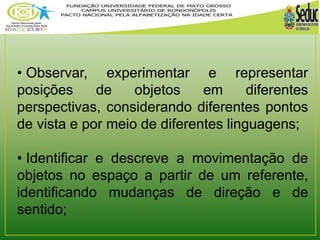 • Observar, experimentar e representar 
posições de objetos em diferentes 
perspectivas, considerando diferentes pontos 
de vista e por meio de diferentes linguagens; 
• Identificar e descreve a movimentação de 
objetos no espaço a partir de um referente, 
identificando mudanças de direção e de 
sentido; 
 