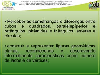 • Perceber as semelhanças e diferenças entre 
cubos e quadrados, paralelepípedos e 
retângulos, pirâmides e triângulos, esferas e 
círculos; 
• construir e representar figuras geométricas 
planas, reconhecendo e descrevendo 
informalmente características como número 
de lados e de vértices; 
 