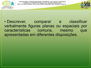 • Descrever, comparar e classificar 
verbalmente figuras planas ou espaciais por 
características comuns, mesmo que 
apresentadas em diferentes disposições.; 
 