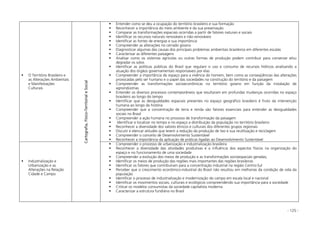 - 125 -
O Território Brasileiro e
as Alterações Ambientais
e Manifestações
Culturais
Entender como se deu a ocupação do território brasileiro e sua formação
Reconhecer a importância do meio ambiente e da sua preservação
Comparar as transformações espaciais ocorridas a partir de fatores naturais e sociais
Identificar os recursos naturais renováveis e não-renováveis
Identificar as fontes de energias e sua importância
Compreender as alterações no cerrado goiano
Diagnosticar algumas das causas dos principais problemas ambientais brasileiros em diferentes escalas
Caracterizar as diferentes paisagens
Analisar como os sistemas agrícolas ou outras formas de produção podem contribuir para conservar e/ou
degradar os solos
Identificar as políticas públicas do Brasil que regulam o uso e consumo de recursos hídricos analisando a
atuação dos órgãos governamentais responsáveis por elas
Compreender a importância do espaço para a vivência do homem, bem como as conseqüências das alterações
provocadas pelo ser humano e o papel das sociedades na construção do território e da paisagem
Compreender as transformações socioeconômicas no território goiano em função da instalação de
agroindústrias
Entender os diversos processos contemporâneos que resultaram em profundas mudanças ocorridas no espaço
brasileiro ao longo do tempo
Identificar que as desigualdades espaciais presentes no espaço geográfico brasileiro é fruto da intervenção
humana ao longo da história
Compreender que a concentração de terra e renda são fatores essenciais para entender as desigualdades
sociais no Brasil
Compreender a ação humana no processo de transformação da paisagem
Identificar e localizar no tempo e no espaço a distribuição da população no território brasileiro
Reconhecer a diversidade dos valores étnicos e culturais dos diferentes grupos regionais
Discutir e elencar atitudes que levem a redução da produção de lixo e sua reutilização e reciclagem
Compreender o conceito de Desenvolvimento Sustentável
Reconhecer a importância da aplicação de práticas ligadas ao Desenvolvimento Sustentável
Industrialização e
Urbanização e as
Alterações na Relação
Cidade e Campo
Cartografia,Físico-TerritorialeSocial
Compreender o processo de urbanização e industrialização brasileira
Reconhecer a diversidade das atividades produtivas e a influência dos aspectos físicos na organização do
espaço e no funcionamento de uma sociedade
Compreender a evolução dos meios de produção e as transformações socioespaciais geradas;
Identificar os meios de produção das regiões mais importantes das regiões brasileiras
Identificar os fatores que contribuíram para a concentração industrial na região Centro-Sul
Perceber que o crescimento econômico-industrial do Brasil não resultou em melhorias da condição de vida da
população
Identificar o processo de industrialização e modernização do campo em escala local e nacional
Identificar os movimentos sociais, culturais e ecológicos compreendendo sua importância para a sociedade
Criticar os modelos consumistas da sociedade capitalista moderna
Caracterizar a estrutura fundiária no Brasil
 