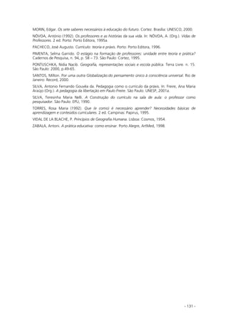 - 131 -
MORIN, Edgar. Os sete saberes necessários à educação do futuro. Cortez. Brasília: UNESCO, 2000.
NÓVOA, António (1992). Os professores e as histórias da sua vida. In: NÓVOA, A. (Org.). Vidas de
Professores. 2 ed. Porto: Porto Editora, 1995a.
PACHECO, José Augusto. Currículo: teoria e práxis. Porto: Porto Editora, 1996.
PIMENTA, Selma Garrido. O estágio na formação de professores: unidade entre teoria e prática?
Cadernos de Pesquisa, n. 94, p. 58 – 73. São Paulo: Cortez, 1995.
PONTUSCHKA, Nidia Nacib. Geografia, representações sociais e escola pública. Terra Livre. n. 15.
São Paulo: 2000, p.49-65.
SANTOS, Milton. Por uma outra Globalização:do pensamento único à consciência universal. Rio de
Janeiro: Record, 2000.
SILVA, Antonio Fernando Gouvêa da. Pedagogia como o currículo da práxis. In: Freire, Ana Maria
Araújo (Org.). A pedagogia da libertação em Paulo Freire. São Paulo: UNESP, 2001a.
SILVA, Teresinha Maria Nelli. A Construção do currículo na sala de aula: o professor como
pesquisador. São Paulo: EPU, 1990.
TORRES, Rosa Maria (1992). Que (e como) é necessário aprender? Necessidades básicas de
aprendizagem e conteúdos curriculares. 2 ed. Campinas: Papirus, 1995.
VIDAL DE LA BLACHE, P. Princípios de Geografia Humana. Lisboa: Cosmos, 1954.
ZABALA, Antoni. A prática educativa: como ensinar. Porto Alegre, ArtMed, 1998.
 