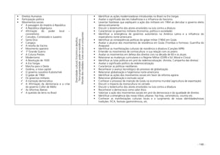 - 148 -
Direitos Humanos
Participação política
Movimentos sociais
A passagem do Império à República
A República oligárquica
Afirmação do poder local –
coronelismo
Canudos, Contestado e Juazeiro
Santa Dica
Cangaço
A revolta da Vacina
Movimento operário
1ª Grande Guerra
A Coluna Prestes
Modernismo
A Revolução de 1930
A Era Vargas
Marcha para o Oeste
Goiânia, a nova capital
O governo Juscelino Kubistschek
O golpe de 1964
Os governos militares
A transição democrática
A Afirmação da democracia e a crise
do governo Collor de Mello
As reformas liberais
A questão da terra no Brasil
Diversidadecultural;Encontroedesafios;
Terrapropriedade:podereresistência;
Mundodoscidadãos:lutassociaiseconquistas
Identificar as ações modernizadoras introduzidas no Brasil na Era Vargas
Avaliar o significado das leis trabalhistas e a influencia do fascismo.
Levantar hipóteses que expliquem a ação dos militares em 1964 ao derrubar o governo eleito
democraticamente
Discutir o testemunho dos atores envolvidos na luta contra a ditatura
Caracterizar os governos militares (Economia, política e sociedade)
Identificar a emergência de governos autoritários na América Latina e a influência do
imperialismo norte-americano
Identificar as conseqüências políticas do golpe militar (1964) em Goiás
Avaliar o alcance dos movimentos de resistência em Goiás (Trombas e Formoso; Guerrilha do
Araguaia)
Identificar as manifestações culturais de resistência à ditadura (Canções MPB)
Entender os movimentos de contracultura e sua relação com os jovens
Avaliar os movimentos em defesa dos direitos civis na década de 60 e os atuais
Relacionar as mudanças curriculares e o Regime Militar (OSPB e Ed. Moral e Cívica)
Identificar as lutas políticas em prol da redemocratização. (Anistia, Campanha das diretas)
Avaliar o significado político da redemocratização
Caracterizar as políticas neoliberais
Reconhecer o avanço tecnológico do processo de globalização
Relacionar globalização e hegemonia norte-americana
Identificar as ações dos movimentos sociais em favor da reforma agrária
Relacionar globalização e exclusão social
Conhecer o processo de inserção de Goiás na economia mundial (agricultura de exportação)
Discutir o impacto da monocultura no cerrado
Discutir o testemunho dos atores envolvidos na luta contra a ditadura
Reconhecer a democracia como valor ético
Valorizar a ação dos movimentos sociais em prol da democracia e da igualdade de direitos
Identificar a emergência das novas tribos urbanas: hip-hop, carismáticos, country etc.
Conhecer as manifestações culturais locais e o surgimento de novas identidades/novas
tradições: FICA, festivais gastronômicos, etc.
 