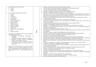 - 188 -
Leitura de gêneros literários escritos
Contos
Teatros
Novelas
Leitura de textos dos gêneros em estudo
Crônicas
Poesias
Entrevistas
Júris simulados
Reportagens
Anúncios publicitários
Faturas e boletos
Requerimentos
Cartas comerciais
Receitas culinárias
Bulas de remédios
Regimentos
Projetos políticos pedagógicos
ECA
Artigos de opinião
Utilização das estratégias de leitura como mecanismos
de interpretação dos textos:
formulação de hipóteses (antecipação e
inferência)
verificação de hipóteses (seleção e checagem)
produção de leitura através de paráfrases
(reconto, dramatizações, resumos...)
interpretação de textos, produzindo implícitos
com fundamentação nos recursos textuais e
contextuais
Modos de ler (leitura silenciosa e autônoma, leitura
colaborativa, em voz alta pelo professor, pelo aluno,
leitura compartilhada, leitura programada, leitura de
escolha pessoal – PCNs - Língua Portuguesa, pp.72 e
73)
Leitura
Valorizar a leitura literária como fonte de apreciação e prazer
Construir critérios para selecionar leituras e desenvolver padrões de gosto pessoal
Ler com fluência e autonomia, construindo significados
Localizar informações explícitas e inferir informações implícitas
Identificar os elementos textuais que caracterizam os gêneros em estudo
Identificar a finalidade dos gêneros propostos e suas características
Conhecer a cultura local, a partir dos aspectos culturais e lingüísticos que caracterizam as pessoas e o
lugar onde vivem, como por exemplo: festas religiosas e folclóricas, exposições agropecuárias, festas do
peão e outras manifestações culturais nas diversas regiões do Estado
Validar ou reformular hipóteses levantadas a partir das informações obtidas no processo de leitura
Comparar crônicas diversas
Ler e apropriar-se dos recursos que tornam as crônicas mais interessantes
Identificar as formas particulares do oral – falar cotidiano nas crônicas ouvidas e lidas –, bem como as
marcas da goianidade
Ler poemas de autores goianos e de poetas relevantes no cenário literário nacional
Perceber a intencionalidade implícita nos poemas ouvidos
Identificar, na comparação de poemas de um mesmo autor, as características de sua obra
Reconhecer os recursos de estilo presentes no texto poético (rima, ritmo, musicalidade, repetição,
metáfora, personificação etc.)
Reconhecer a relação existente entre a poesia e a música
Ler criticamente entrevistas e debates que tratam de problemas econômicos, políticos, sociais e culturais
da atualidade
Reconhecer as fases ou etapas da reportagem e do anúncio publicitário
Identificar as diferenças entre o anúncio publicitário, reportagem e demais textos jornalísticos
Ler e comentar os anúncios, reportagens e notícias veiculadas nos jornais
Identificar a função apelativa do texto publicitário
Identificar os traços do discurso jornalístico produzidos em diferentes momentos históricos
Compreender e respeitar as diferentes opiniões apresentadas em notícia/reportagem (rádio, TV, telefone)
Relacionar linha editorial, público leitor e tratamento ideológico-lingüístico da informação
Identificar marcas lingüísticas e expressões próprias da carta comercial, do requerimento, da fatura e do
boleto
Reconhecer a utilidade e a circulação do requerimento, da carta comercial , de faturas e boletos
Ler textos instrucionais para compreender suas finalidades
Localizar as informações principais em bulas de remédios e receitas culinárias, familiarizando-se com o
uso de vocabulário específico
Inferir informações em bulas e receitas culinárias para orientar- se e dar orientações aos outros
Perceber a importância do uso de medicamentos sob prescrição médica
Conhecer os riscos da automedicação
Ler trechos do Regimento Escolar, Projeto Político Pedagógico, ECA, de interesse do grupo
Reconhecer a importância das normas/regras dos textos legais em estudo para a realização de atividades
escolares
Reconhecer o tom de convencimento nos textos argumentativos
Analisar, criticamente, a posição defendida pelo autor, no artigo de opinião
Identificar a questão polêmica no artigo de opinião
 