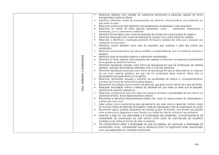 - 46 -
VIDA,AMBIENTEEDIVERSIDADE
Relacionar digestão com redução de substâncias alimentares a partículas capazes de serem
transportadas a todas as células
Identificar diferentes modos de processamento do alimento, relacionando-os aos ambientes em
que vivem os seres
Relacionar ausência de tubo digestório nos endoparasitas à adaptação à vida parasitária
Relacionar os modos de evitar algumas parasitoses, como verminoses, protozoozes e
bacterioses, com o saneamento ambiental
Identificar fermentação como modo de obtenção de energia sem a participação do oxigênio
Identificar respiração como modo de obtenção de energia com a participação do oxigênio
Relacionar e identificar a respiração pulmonar, bronquial e epitelial dos seres que a possuem aos
ambientes em que vivem
Identificar coluna vertebral como eixo do esqueleto que sustenta o peso dos corpos dos
vertebrados
Relacionar presença/ausência de coluna vertebral e possibilidade de viver no ambiente terrestre e
aquático
Identificar tipos de esqueleto externo e interno em invertebrados
Identificar as fibras vegetais como esqueleto dos vegetais e relacionar sua presença à possibilidade
de ocupação do ambiente terrestre
Identificar reprodução sexuada como forma de reprodução em que há combinação de material
genético, que gera descendentes diferentes entre si e de seus genitores
Identificar reprodução assexuada como forma de reprodução em que os descendentes se originam
de um único material genético, em que não há combinação desse material. Neste caso os
descendentes são iguais entre si e ao genitor
Relacionar reprodução sexuada a aumento de variabilidade da espécie e, conseqüentemente,
aumento da chance de sobrevivência desta espécie
Reconhecer fecundação como encontro de gametas, que pode ocorrer dentro do corpo da fêmea
Relacionar fecundação interna e externa ao ambiente em que vivem os seres que as possuem,
identificando aspectos adaptativos
Relacionar a presença de ovos com casca nos ovíparos terrestres à possibilidade de eles viverem no
ambiente terrestre, tendo desenvolvimento externo
Reconhecer e identificar desenvolvimento direto com maior ou menor chance de sobrevivência e
indireto dos seres vivos
Saber utilizar como características para agrupamento dos seres vivos os seguintes critérios: modo
de nutrição, modo de obtenção de oxigênio, modo de reprodução e tipo de sustentação do corpo
Reconhecer alguns padrões adaptativos de grandes grupos de animais, com ênfase nas relações
entre as estruturas adaptativas e suas funções nos modos de vida do animal em seu ambiente
Valorizar a vida em sua diversidade e a conservação dos ambientes, conscientizando-se da
necessidade de preservação da vida animal como parte da manutenção do equilíbrio
ecológico e de todas as formas de vida no planeta
Ter conhecimento sobre a diversidade da vida no planeta, em particular a diversidade de
animais,bem como compreender que as diferenças entre os organismos estão relacionadas
com suas adaptações às condições ambientais
 