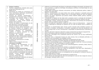 - 47 -
Energia e mecânica
Técnicas e equipamentos utilizados pelos povos
antigos para observação do céu
Mapas do céu
Instrumentos de medida de características do
clima: termômetros, barômetros, pluviômetros,
radiômetros, anemômetros, etc.
Processos de extração, transformação e
aproveitamento humano das rochas e minérios
Tecnologias cujos produtos afetam o clima:
comparação de motores elétricos, a
combustíveis e outras formas geração de
energia, menos poluentes
Técnicas de preparo e transformação do solo
para agricultura e construções humanas
Técnicas de reparo de solos degradados
Rotação de culturas, plantio consorciado e uso
de bactérias fixadoras de nitrogênio, como
técnicas para um uso mais sustentável do solo
Princípios operativos de equipamentos,
aparelhos e sistemas presentes na vida
doméstica e social dos alunos
Tecnologia de captação, tratamento e
distribuição da água, cisternas, poços artesianos
Hidráulica das casas e equipamentos hidráulicos
(sifões, vasos comunicantes)
O impacto das monoculturas no Cerrado
Biopirarataria
Tráfico e comércio ilegal de seres vivos
Informática e sociedade
A importância da sistematização na vida
humana: organizar para conhecer, para
aproveitar e conservar
Inteligência-artificial nanotecnologia
Uso dos microorganismos em benefício do
homem: produção de vacinas, uso dos vírus nas
vacinas genéticas, biorremediação de ambientes
poluídos, controle biológico, produção de
alimentos, produção de medicamentos,
agricultura, Plantas medicinais
Técnicas de prevenção e tratamento de doenças
causadas por microorganismos
CIÊNCIA,TECNOLOGIAESOCIEDADE
Evidenciar as transformações de energia e as aplicações tecnológicas do passado, do presente e do
futuro previsível e o papel da informação, das pesquisas científicas e da disseminação de seus
resultados para todos
Coletar dados quantitativos utilizando instrumentos de medida, elaborando gráficos, tabelas e
legendas com esses dados
Elaborar individualmente e em grupo relatos orais, escritos, perguntas e suposições acerca do
tema em estudo, estabelecendo relações entre as informações obtidas por meio de trabalhos
práticos e de textos, registrando suas próprias sínteses mediante tabelas, gráficos, esquemas,
textos ou maquetes
Compreender as relações de mão dupla entre o progresso social e a evolução das tecnologias,
associadas à compreensão dos processos de transformação de energia dos materiais e da vida
Compreender a história evolutiva dos seres vivos, relacionando-a aos processos de formação do
planeta, tanto no inorgânico quanto no orgânico
Explicar as evidências e argumentos usados por Galileu a favor do heliocentrismo (noção de
inércia e observação ao telescópio da aparência da Lua, fases do planeta Vênus e satélites de
Júpiter)
Caracterizar as transformações tanto naturais quanto induzidas pelas atividades humanas na
atmosfera, na litosfera, na hidrosfera e na biosfera, associadas aos ciclos das substâncias e ao
fluxo de energia solar na Terra, reconhecendo a necessidade do desenvolvimento sustentável do
Cerrado
Observar, desmontar máquinas e descrever as peças componentes da máquina e equipamentos
Buscar informações através de entrevistas com técnicos e outros profissionais
Reconhecer a tecnologia como componente essencial das culturas e de sua força modificadora
dessas culturas
Reconhecer como a intervenção humana em ciclos naturais, leva as alterações profundas e à
criação de novas necessidades nas sociedades humanas
Identificar os processos de captação, distribuição e armazenamento de água
Compreender a importância de modos adequados de destinação de águas servidas
Comparar o tempo geológico para a transformação e reposição natural dos recursos da biosfera
ao curto tempo em que a humanidade os consome e destrói
Identificar a origem e discutir o consumo dos combustíveis(gasolina, querosene, diesel, álcool) e
analisa os impactos sobre o ambiente
Identificar as etapas do refinamento do petróleo e as aplicações dos derivados
Associar a formação dos solos com a ação do intemperismo e dos seres vivos, relacionando a
presença de húmus com a fertilidade dos solos
Relacionar as queimadas com a morte dos seres vivos do solo e com a perda de fertilidade
Analisar a permeabilidade do solo e as conseqüências de sua alteração em ambientes naturais ou
transformados pelo ser humano
Analisar ações humanas e efeitos de intemperismo à erosão do solo
Explicar técnicas de conservação dos solos como plantação em curva de nível, rotação de cultura e
de pastagem, adubação verde e outras
 