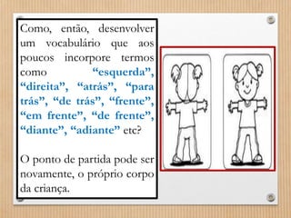 Como, então, desenvolver 
um vocabulário que aos 
poucos incorpore termos 
como “esquerda”, 
“direita”, “atrás”, “para 
trás”, “de trás”, “frente”, 
“em frente”, “de frente”, 
“diante”, “adiante” etc? 
O ponto de partida pode ser 
novamente, o próprio corpo 
da criança. 
 