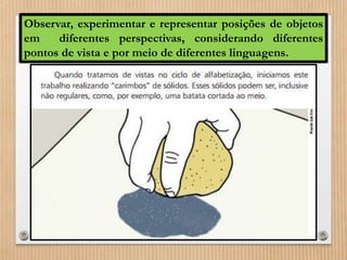 Observar, experimentar e representar posições de objetos 
em diferentes perspectivas, considerando diferentes 
pontos de vista e por meio de diferentes linguagens. 
 