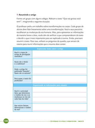   136      cadernos de apoio e aprendizagem · SmESP 
7.	Resumindo o artigo
Forme um grupo com alguns colegas. Releiam o texto “Que voz grossa você
tem!”, imaginando a seguinte situação:
O professor pediu um trabalho sobre transformações no corpo. Cada grupo de
alunos deve falar brevemente sobre uma transformação. Você e seus parceiros
escolheram as mudanças da voz humana. Mas, para apresentar as informações
de maneira breve e clara, vocês têm de verificar o que compreenderam do texto
e decidir o que é mais importante para ser explicado à turma. Então, precisam
resumir o texto. Para isso, utilizem as perguntas do quadro, que servem de
roteiro para reunir informações que o resumo deve conter.
Explorando dados sobre o artigo
Qual é o tema do
artigo de divulgação
científica?
Quais são o título
e o subtítulo?
Onde o artigo foi
publicado? Quando?
Quem são os autores?
Para quem o texto foi
produzido?
Organizando as informações para resumir
Qual é o principal
fator que determina
o timbre da voz e as
mudanças na voz em
cada fase da vida?
Que outros fatores
determinam o timbre
da voz?
 