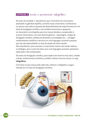   138      cadernos de apoio e aprendizagem · SmESP 
Atividade 3 	Lendo e produzindo infográfico
No texto da atividade 1, descobrimos que o hormônio do crescimento,
produzido na glândula hipófise, controla nosso crescimento. Conhecemos
um pouco mais sobre o processo de desenvolvimento do corpo humano em um
texto de divulgação científica, mas também recorremos a pesquisas
em dicionário e enciclopédia para tirar nossas dúvidas e compreender o
assunto. Esses textos, nos mais diversos gêneros – reportagens, artigos de
divulgação científica, verbetes de dicionário e enciclopédia etc. –, divulgam
conhecimentos científicos e técnicas em uma linguagem acessível a pessoas
que não são especializadas na área de estudo do tema tratado.
Nós entendemos como acontece o crescimento mesmo não sendo médicos
ou biólogos, pois o autor do texto usou uma linguagem acessível, apresentou
explicações e fez comparações.
Os textos de divulgação científica, para explicar de maneira mais clara, simples
e direta conhecimentos científicos, também utilizam recursos visuais, ou seja,
infográficos.
Com base no que você já sabe sobre eles, observe o infográfico a seguir,
retirado de um texto de divulgação científica:
ErikaOnodera/EditoraAbril
 