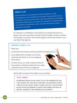   162      cadernos de apoio e aprendizagem · SmESP 
diário da Lua
Que tal observar a Lua durante um mês? Fazendo isso, você
acompanhará o ciclo completo de suas fases. Faça um diário da Lua.
Comece em uma noite sem nuvens e sem Lua (consulte um calendário
para saber quando será a Lua nova) e vá anotando as mudanças que
você observar. Ao final de um mês, como ela não para de rodar, o
processo se reiniciará.
As mudanças na visibilidade e iluminação da Lua sempre fascinaram as
pessoas, que, por causa disso, até hoje inventam histórias, lendas e crendices
relacionadas a suas fases. Você conhece alguma crendice que envolve a Lua e
suas fases? Veja algumas:
Vamos saber um pouco mais sobre a Lua e suas fases.
Você sabia?
As diferentes formas com que vemos a Lua no céu dependem de como
o Sol a ilumina. Por causa de seu movimento e do movimento da Terra,
a face da Lua que vemos é sempre a mesma. Que tal ir à sala de leitura
procurar livros que expliquem o assunto? Faça também uma busca na
internet, acessando os sites indicados por seu professor.
Crendices sobre a Lua
Dizem que:
●● o número de nascimentos aumenta quando há mudança de Lua;
●● se os cabelos forem cortados na Lua cheia,
aumentam de volume; se na Lua minguante,
não crescem;
●● na dieta da Lua, se a cada mudança da fase da
Lua a pessoa se alimentar apenas de suco, sopas
e líquidos durante 24 horas, emagrecerá.
Merzauka/Istockphoto.com
 