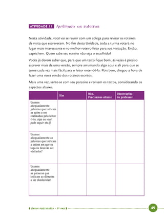  língua portuguesa • 5O
ANO      49  
ATIVIDADE 11 	Avaliando os roteiros
Nesta atividade, você vai se reunir com um colega para revisar os roteiros
de visita que escreveram. No fim desta Unidade, toda a turma votará no
lugar mais interessante e no melhor roteiro feito para sua visitação. Então,
caprichem. Quem sabe seu roteiro não seja o escolhido?
Vocês já devem saber que, para que um texto fique bom, às vezes é preciso
escrever mais de uma versão, sempre arrumando algo aqui e ali para que se
torne cada vez mais fácil para o leitor entendê-lo. Pois bem, chegou a hora de
fazer uma nova versão dos roteiros escritos.
Mais uma vez, sente-se com seu parceiro e revisem os textos, considerando os
aspectos abaixo.
Sim
Não.
Precisamos alterar
Observações
do professor
Usamos
adequadamente
palavras que indicam
as ações a ser
realizadas pelo leitor
(vire, siga ou você
pode seguir etc.)?
Usamos
adequadamente as
palavras que indicam
a ordem em que os
lugares deverão ser
visitados?
Usamos
adequadamente
as palavras que
indicam as direções
a ser obedecidas?
 