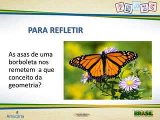 PARA REFLETIR 
As asas de uma 
borboleta nos 
remetem a que 
conceito da 
geometria? 
 