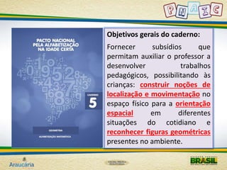 Objetivos gerais do caderno: 
Fornecer subsídios que 
permitam auxiliar o professor a 
desenvolver trabalhos 
pedagógicos, possibilitando às 
crianças: construir noções de 
localização e movimentação no 
espaço físico para a orientação 
espacial em diferentes 
situações do cotidiano e 
reconhecer figuras geométricas 
presentes no ambiente. 
 