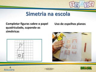 Simetria na escola 
Completar figuras sobre o papel 
quadriculado, supondo-as 
simétricas 
Uso de espelhos planos 
 