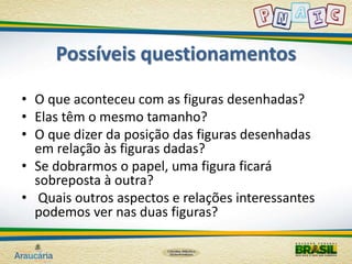 Possíveis questionamentos 
• O que aconteceu com as figuras desenhadas? 
• Elas têm o mesmo tamanho? 
• O que dizer da posição das figuras desenhadas 
em relação às figuras dadas? 
• Se dobrarmos o papel, uma figura ficará 
sobreposta à outra? 
• Quais outros aspectos e relações interessantes 
podemos ver nas duas figuras? 
 