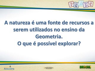 A natureza é uma fonte de recursos a 
serem utilizados no ensino da 
Geometria. 
O que é possível explorar? 
 
