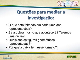 Questões para mediar a 
investigação: 
• O que está faltando em cada uma das 
representações? 
• Se a dobrarmos, o que acontecerá? Teremos 
uma caixa? 
• Quais são as figuras geométricas 
representadas? 
• Por que a caixa tem esse formato? 
 