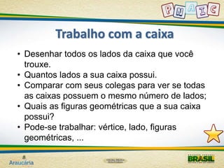Trabalho com a caixa 
• Desenhar todos os lados da caixa que você 
trouxe. 
• Quantos lados a sua caixa possui. 
• Comparar com seus colegas para ver se todas 
as caixas possuem o mesmo número de lados; 
• Quais as figuras geométricas que a sua caixa 
possui? 
• Pode-se trabalhar: vértice, lado, figuras 
geométricas, ... 
 