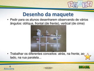 Desenho da maquete 
• Pedir para os alunos desenharem observando de vários 
ângulos: oblíqua, frontal (de frente), vertical (de cima) 
• Trabalhar os diferentes conceitos: atrás, na frente, ao 
lado, na rua paralela... 
 