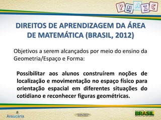 DIREITOS DE APRENDIZAGEM DA ÁREA 
DE MATEMÁTICA (BRASIL, 2012) 
Objetivos a serem alcançados por meio do ensino da 
Geometria/Espaço e Forma: 
Possibilitar aos alunos construírem noções de 
localização e movimentação no espaço físico para 
orientação espacial em diferentes situações do 
cotidiano e reconhecer figuras geométricas. 
 