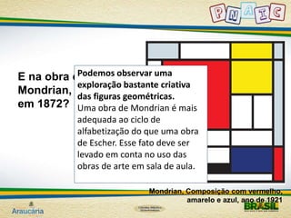 Podemos observar uma 
exploração bastante criativa 
das figuras geométricas. 
Uma obra de Mondrian é mais 
adequada ao ciclo de 
alfabetização do que uma obra 
de Escher. Esse fato deve ser 
levado em conta no uso das 
obras de arte em sala de aula. 
E na obra de Piet 
Mondrian, nascido 
em 1872? 
Mondrian, Composição com vermelho, 
amarelo e azul, ano de 1921 
 