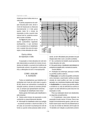 chiado que dura muitos anos ou a
vida toda.
À perda progressiva da audi-
ção induzida pelo ruído, dá-se o
nome de hipoacusia ou disacusia
neurosensorial e é mais grave
quanto maior for o tempo de
exposição a ruído e quanto mais
intenso ele for, podendo evoluir
até à surdez completa.
Na figura 4 pode ser ver no
exame audiométrico registrado
(audiograma), o que acontece
com a audição de um trabalhador
com o passar dos anos de expo-
sição a níveis elevados de ruído.
Outros efeitos
da exposição a ruído
A exposição a níveis elevados de ruído tem
sido relacionada ao aumento do número de aci-
dentes de trabalho, a aumento da incidência de
hipertensão arterial, de gastrite e úlcera gás-
trica, a alterações do sono e neuropsíquicas.
COMO AVALIAR
A AUDIÇÃO
Todos os trabalhadores que trabalham em
ambientes com níveis de ruído maior ou igual a
85 dB, devem ser submetidos à avaliação da
situação auditiva, durante os exames periódi-
cos, ou sempre que apresentarem sintomas.
A avaliação do trabalhador deve incluir:
Dados gerais informados pelo trabalhador e
pela empresa
 Dados sobre tempo de exposição a ruído
conhecida ou presumidamente elevada;
 Informação do trabalhador sobre sua audição
– se precisa aumentar o volume de rádio ou TV
em casa, se ouve bem na presença de ruído de
fundo ou quando várias pessoas estão conver-
sando, se tem dificuldade para perceber de qual
direção está vindo o som, se sente zumbidos;
 Se o ambiente de trabalho atual apresenta
níveis elevados de ruído;
 Há quanto tempo o trabalhador está afastado do
ambiente de trabalho até o momento do exame.
Exame Médico
 Avaliação da orofaringe, pescoço e orelha
ou pavilhão auditivo externo;
 Otoscopia: com auxílio de aparelho conhecido
como otoscópio o examinador verifica se existe
oclusão do canal auditivo por cera, se existe
secreção, se a membrana timpânica está íntegra;
 Audiometria: é o exame que permite avaliar
a existência ou não da deficiência auditiva e
sugerir se esta deficiência pode decorrer da
exposição a ruído.
Para sua realização devem ser obedecidos
os seguintes procedimentos:
1. O trabalhador deve estar afastado da
exposição há pelo menos 14 horas. Para a rea-
lização de levantamentos gerais, pode ser rea-
lizado exame após meia hora de afastamento e
no caso de revelar-se alterado (diminuição de
15 decibéis com relação a audiometria anterior
- 14-
Exposição a ruído
4
 