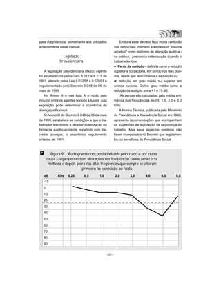 para diagnósticos, semelhante aos utilizados
anteriormente neste manual.
Legislação
Pr evidenciaria
A legislação previdenciaria (INSS) vigente
foi estabelecida pelas Leis 8.212 e 8.213 de
1991, alterada pelas Leis 9.032/95 e 9.528/97 e
regulamentada pelo Decreto 3.048 de 06 de
maio de 1999.
No Anexo II e nas lista A o ruído esta
incluído entre os agentes nocivos à saúde, cuja
exposição pode determinar a ocorrência de
doença profissional.
O Anexo III do Decreto 3.048 de 06 de maio
de 1999, estabelece as condições a que o tra-
balhador tem direito a receber indenização na
forma de auxílio-acidente, repetindo com dis-
cretos avanços, o anacrônico regulamento
anterior, de 1991.
Embora esse decreto faça muita confusão
nas definições, mantém a expressão trauma
acústico como sinônimo de alteração auditiva -
na prática, preconiza indenização quando o
trabalhador tiver:
 Perda da audição – definida como a redução
superior a 90 decibéis, em um ou nos dois ouvi-
dos, desde que relacionados a exposição ou;
 redução em grau médio ou superior em
ambos ouvidos. Define grau médio como a
redução da audição entre 41 e 70 dB.
As perdas são calculadas pela média arit-
mética das freqüências de 05, 1,0, 2,0 e 3,0
KHz.
A Norma Técnica, publicada pelo Ministério
da Previdência e Assistência Social em 1998,
apresenta recomendações que acompanham
as sugestões da legislação de segurança do
trabalho. Mas seus aspectos positivos não
foram incorporados no Decreto que regulamen-
tou os benefícios da Previdência Social.
-21-
Figura 9. Audiograma com perda induzida pelo ruído e por outra
causa – veja que existem alterações nas freqüências baixas,uma certa
melhora e depois piora nas altas freqüências,que sempre se alteram
primeiro na exposição ao ruído
-10
0
10
20
30
40
50
60
70
80
90
dB KHz 0,25 0,5 1,0 2,0 3,0 4,0 6,0 8,0
9
 
