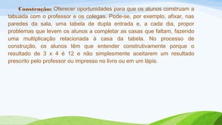 Construção: Oferecer oportunidades para que os alunos construam a 
tabuada com o professor e os colegas. Pode-se, por exemplo, afixar, nas 
paredes da sala, uma tabela de dupla entrada e, a cada dia, propor 
problemas que levem os alunos a completar as casas que faltam, fazendo 
uma multiplicação relacionada à casa da tabela. No processo de 
construção, os alunos têm que entender construtivamente porque o 
resultado de 3 x 4 é 12 e não simplesmente aceitarem um resultado 
prescrito pelo professor ou impresso no livro ou em um lápis. 
 
