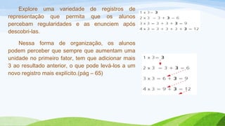 Explore uma variedade de registros de 
representação que permita que os alunos 
percebam regularidades e as enunciem após 
descobri-las. 
Nessa forma de organização, os alunos 
podem perceber que sempre que aumentam uma 
unidade no primeiro fator, tem que adicionar mais 
3 ao resultado anterior, o que pode levá-los a um 
novo registro mais explícito.(pág – 65) 
 