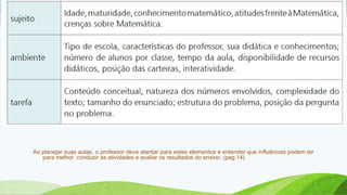 Ao planejar suas aulas, o professor deve atentar para estes elementos e entender que influências podem ter 
para melhor conduzir as atividades e avaliar os resultados do ensino. (pag.14) 
 