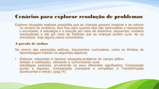 Cenários para explorar resolução de problemas 
Explorar situações realistas possibilita que as crianças possam imaginar e se colocar 
no cenário do problema. Isso fica claro quando elas são estimuladas a representar 
o enunciado, a estratégia e a solução por meio de desenhos, esquemas, modelos 
manipuláveis e até por meio de histórias que as crianças podem ouvir, ler ou 
dramatizar. Veja alguns casos comentados. 
A parada de ônibus 
No ensino das operações aditivas, documentos curriculares, como os Direitos de 
Aprendizagem indicam os seguintes objetivos: 
• Elaborar, interpretar e resolver situações-problema do campo aditivo 
(adição e subtração), utilizando e comunicando suas 
estratégias pessoais, envolvendo os seus diferentes significados: Composição 
(juntar e separar), Comparação (comparar e completar) e Transformação 
(acrescentar e retirar). (pag.14) 
 