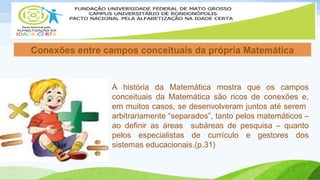 Conexões entre campos conceituais da própria Matemática 
A história da Matemática mostra que os campos 
conceituais da Matemática são ricos de conexões e, 
em muitos casos, se desenvolveram juntos até serem 
arbitrariamente “separados”, tanto pelos matemáticos – 
ao definir as áreas subáreas de pesquisa – quanto 
pelos especialistas de currículo e gestores dos 
sistemas educacionais.(p.31) 
 