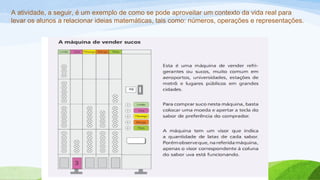 A atividade, a seguir, é um exemplo de como se pode aproveitar um contexto da vida real para 
levar os alunos a relacionar ideias matemáticas, tais como: números, operações e representações. 
 