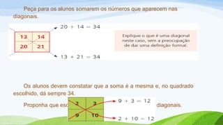 Peça para os alunos somarem os números que aparecem nas 
diagonais. 
Os alunos devem constatar que a soma é a mesma e, no quadrado 
escolhido, dá sempre 34. 
Proponha que escolham outro quadrado e somem as diagonais. 
 