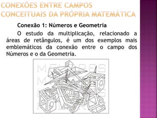 Conexão 1: Números e Geometria 
O estudo da multiplicação, relacionado a 
áreas de retângulos, é um dos exemplos mais 
emblemáticos da conexão entre o campo dos 
Números e o da Geometria. 
 