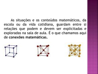 As situações e os conteúdos matemáticos, da 
escola ou da vida cotidiana, guardam entre si 
relações que podem e devem ser explicitadas e 
exploradas na sala de aula. É o que chamamos aqui 
de conexões matemáticas. 
 