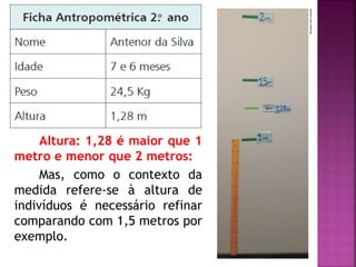 Altura: 1,28 é maior que 1 
metro e menor que 2 metros: 
Mas, como o contexto da 
medida refere-se à altura de 
indivíduos é necessário refinar 
comparando com 1,5 metros por 
exemplo. 
 