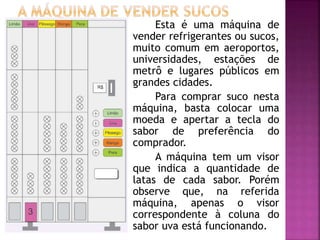 Esta é uma máquina de 
vender refrigerantes ou sucos, 
muito comum em aeroportos, 
universidades, estações de 
metrô e lugares públicos em 
grandes cidades. 
Para comprar suco nesta 
máquina, basta colocar uma 
moeda e apertar a tecla do 
sabor de preferência do 
comprador. 
A máquina tem um visor 
que indica a quantidade de 
latas de cada sabor. Porém 
observe que, na referida 
máquina, apenas o visor 
correspondente à coluna do 
sabor uva está funcionando. 
 
