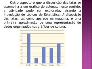 Outro aspecto é que a disposição das latas se 
assemelha a um gráfico de colunas. nesse sentido, 
a atividade pode ser explorada, visando a 
introdução de tópicos de Estatística. A disposição 
das latas, tal como aparece na máquina, é uma 
primeira aproximação de uma representação de 
dados organizados nos gráficos de coluna. 
 