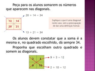 Peça para os alunos somarem os números 
que aparecem nas diagonais. 
Os alunos devem constatar que a soma é a 
mesma e, no quadrado escolhido, dá sempre 34. 
Proponha que escolham outro quadrado e 
somem as diagonais. 
 