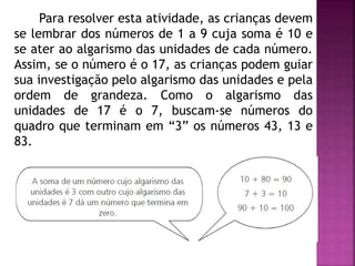 Para resolver esta atividade, as crianças devem 
se lembrar dos números de 1 a 9 cuja soma é 10 e 
se ater ao algarismo das unidades de cada número. 
Assim, se o número é o 17, as crianças podem guiar 
sua investigação pelo algarismo das unidades e pela 
ordem de grandeza. Como o algarismo das 
unidades de 17 é o 7, buscam-se números do 
quadro que terminam em “3” os números 43, 13 e 
83. 
 