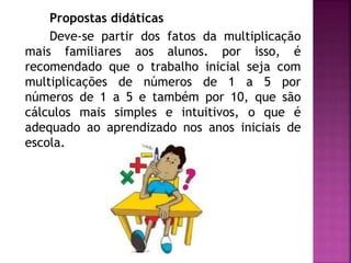Propostas didáticas 
Deve-se partir dos fatos da multiplicação 
mais familiares aos alunos. por isso, é 
recomendado que o trabalho inicial seja com 
multiplicações de números de 1 a 5 por 
números de 1 a 5 e também por 10, que são 
cálculos mais simples e intuitivos, o que é 
adequado ao aprendizado nos anos iniciais de 
escola. 
 