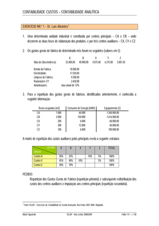 CONTABILIDADE CUSTOS – CONTABILIDADE ANALÍTICA 
EXERCÍCIO NR.º 1 – Dr. Luís Abrantes1 
1. Uma determinada unidade industrial é constituída por centros principais – CA e CB – onde 
decorrem as duas fases de elaboração dos produtos, e por três centros auxiliares – CX, CY e CZ. 
2. Os gastos gerais de fabrico de determinado mês foram os seguintes (valores em €): 
A B X Y Z 
Mão de Obra Indirecta 25.000,00 40.000,00 4.875,00 6.375,00 3.087,50 
Renda da Fábrica: 18.000,00 
Electricidade: 17.550,00 
Limpeza da Fábrica: 4.500,00 
Reparações CY: 2.650,00 
Amortizações: taxa anual de 12% 
3. Para a repartição dos gastos gerais de fabricos, identificados anteriormente, é conhecida a 
seguinte informação: 
Áreas ocupadas (m2) Consumo de Energia (kWh) Equipamento (€) 
CA 1.000 60.000 1.260.000,00 
CB 2.000 150.000 1.616.000,00 
CX 200 6.000 60.000,00 
CY 300 12.000 60.000,00 
CZ 100 6.000 100.000,00 
A matriz de repartição dos custos auxiliares pelos principais revela a seguinte estrutura: 
DESTINO A B X Y Z TOTAL 
ORIGEM 
Centro X 50% 35% 10% 5% 100% 
Centro Y 45% 40% 10% 5% 100% 
Centro Z 30% 70% 100% 
PEDIDO: 
Repartição dos Gastos Gerais de Fabrico (repartição primária) e subsequente redistribuição dos 
custos dos centros auxiliares e imputação aos centros principais (repartição secundária). 
1 Fonte: ISCAP – Exercícios de Contabilidade de Gestão Avançada. Ano lectivo 2007-2008. Adaptado. 
Mário Figueiredo ISCAP - Ano Lectivo 2008/2009 Folha 115 → 150 
 