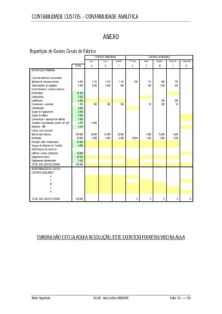 CONTABILIDADE CUSTOS – CONTABILIDADE ANALÍTICA 
ANEXO 
Repartição de Gastos Gerais de Fabrico 
CENTROS PRINCIPAIS CENTROS AUXILIARES 
Fase 1 Fase 2 Acabamº Sos Gerais Vapor Manuten. Energ. Ele. Comum-Edif 
TOTAL A B C X Y W Z K 
REPARTIÇÃO PRIMÁRIA 
Custo das Matérias Consumidas 
Materiais de consumo corrente 6.990 1.776 1.518 1.376 930 715 480 195 
Sobressalentes de máquinas 7.840 3.000 2.000 500 500 1.340 500 
Fornecimentos e serviços externos 
Electricidade 16.300 
Combustíveis 7.820 
Lubrificantes 6.200 300 200 
Ferramentas e utensílios 1.200 200 300 300 50 300 50 
Comunicação 3.000 
Seguro do Equipamento 5.000 
Seguro do edifício 3.000 
Conservação e reparação de edifícios 1.000 
Trabalhos Especializados (assistª extª eqº) 6.000 6.000 
Impostos – IMI 2.650 
Custos com o pessoal 
Mão-de-obra indirecta 100.000 30.000 25.000 20.000 5.000 16.000 4.000 
Ordenados 50.000 5.000 4.000 6.000 23.000 1.500 7.000 3.500 
Encargos sobre remunerações 32.000 
Seguros de Acidentes de Trabalho 6.000 
Amortizações do exercício 
Edifícios e outras construções 10.000 
Equipamento básico 62.500 
Equipamento Administrativo 2.500 
TOTAL DOS GASTOS GERAIS 330.000 
REDISTRIBUIÇÃO DE CUSTOS 
CENTROS AUXILIARES 
X 
YWZ 
K 
TOTAL DOS GASTOS GERAIS 330.000 0 0 0 0 0 
EMBORA NÃO ESTEJA AQUI A RESOLUÇÃO, ESTE EXERCÍCIO FOI RESOLVIDO NA AULA 
Mário Figueiredo ISCAP - Ano Lectivo 2008/2009 Folha 122 → 150 
 