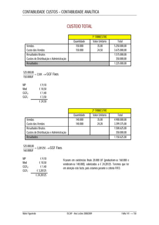 CONTABILIDADE CUSTOS – CONTABILIDADE ANALÍTICA 
CUSTEIO TOTAL 
1º TRIMESTRE 
Quantidade Valor Unitário Total 
Vendas 150.000 35,00 5.250.000,00 
Custo das Vendas 150.000 24,50 3.675.000,00 
Resultados Brutos 1.575.000,00 
Custos de Distribuição e Administração 350.000,00 
Resultados 1.225.000,00 
 3,50€ 
525.000,00 
150.000 
UF 
GGF Fixos 
MP € 9,10 
Mod € 10,50 
GGFV € 1,40 
GGFF € 3,50 
€ 24,50 
2º TRIMESTRE 
Quantidade Valor Unitário Total 
Vendas 140.000 35,00 4.900.000,00 
Custo das Vendas 140.000 24,28 3.399.375,00 
Resultados Brutos 1.500.625,00 
Custos de Distribuição e Administração 350.000,00 
Resultados 1.150.625,00 
 3,28125€ 
525.000,00 
160.000 
UF 
GGF Fixos 
MP € 9,10 
Mod € 10,50 
GGFV € 1,40 
GGFF € 3,28125 
€ 24,28125 
Ficaram em existências finais 20.000 UF (produziram-se 160.000 e 
venderam-se 140.000), valorizadas a € 24,28125. Teremos que ter 
em atenção este facto, pois estamos perante o critério FIFO. 
Mário Figueiredo ISCAP - Ano Lectivo 2008/2009 Folha 141 → 150 
 