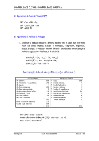 CONTABILIDADE CUSTOS – CONTABILIDADE ANALÍTICA 
4) Apuramento do Custo das Vendas (CIPV) 
CIPV  SoPA  CIPA  SfPA 
CIPV  2.000 20.0001.500 
CIPV  20.500 m€ 
5) Apuramento da Variação da Produção 
 A variação da produção: calcula-se a diferença algébrica entre os stocks finais e os stocks 
iniciais das contas “Produtos acabados e intermédios”, “Subprodutos, desperdícios, 
resíduos e refugos” e “Produtos e trabalhos em curso”, tomando ainda em consideração o 
movimento registado em “Regularização de existências”. 
    V.PRODUÇÃO  SfPA  SfPCF  SoPA  SoPCF 
V.PRODUÇÃO  1.500 1.000  2.000  500 
V.PPRODUÇÃO  2.500  2.500  0 
Demonstração de Resultados por Naturezas (em milhares de €): 
CUSTOS E PERDAS PROVEITOS E GANHOS 
61 – C.M.C.M.V. 16.000 71 – Vendas 33.000 
62 – Fornecimentos e Serviços Externos 2.900 72 – Prestação de Serviços 0 
63 – Impostos 0 73 – Proveitos Suplementares 0 
64 – Custos com o pessoal 2.000 74 – Subsídios à Exploração 0 
65 – Outros custos operacionais 70 75 – Trabalhos p/a própria Empresa 0 
66 – Amortizações e Ajustam. do Exerc. 1.100 76 – Outros Proveitos Operacionais 410 
67 – Provisões do Exercício 180 77 – Reversão Amort. e Ajustamentos 0 
68 – Custos Financeiros 400 78 – Proveitos Financeiros 40 
69 – Custos Extraordinários 0 79 – Proveitos Extraordinários 0 
22.650 Variação da Produção 0 
Imposto s/ o rendimento do Exercício 2.160 
Resultado Líquido do Exercício 8.640 
33.450 33.450 
RAI  33.450  22.650 10.800 m€ 
Imposto s/Rendimento do Exercício (30%)10.8000,2  2.160 m€ 
RLE 10.800  2.160  8.640 m€ 
Mário Figueiredo ISCAP - Ano Lectivo 2008/2009 Folha 23 → 150 
 