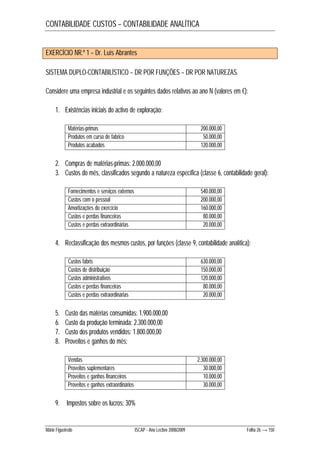 CONTABILIDADE CUSTOS – CONTABILIDADE ANALÍTICA 
EXERCÍCIO NR.º 1 – Dr. Luís Abrantes 
SISTEMA DUPLO-CONTABILÍSTICO – DR POR FUNÇÕES – DR POR NATUREZAS. 
Considere uma empresa industrial e os seguintes dados relativos ao ano N (valores em €): 
1. Existências iniciais do activo de exploração: 
Matérias-primas 200.000,00 
Produtos em curso de fabrico 50.000,00 
Produtos acabados 120.000,00 
2. Compras de matérias-primas: 2.000.000,00 
3. Custos do mês, classificados segundo a natureza específica (classe 6, contabilidade geral): 
Fornecimentos e serviços externos 540.000,00 
Custos com o pessoal 200.000,00 
Amortizações do exercício 160.000,00 
Custos e perdas financeiras 80.000,00 
Custos e perdas extraordinárias 20.000,00 
4. Reclassificação dos mesmos custos, por funções (classe 9, contabilidade analítica): 
Custos fabris 630.000,00 
Custos de distribuição 150.000,00 
Custos administrativos 120.000,00 
Custos e perdas financeiras 80.000,00 
Custos e perdas extraordinárias 20.000,00 
5. Custo das matérias consumidas: 1.900.000,00 
6. Custo da produção terminada: 2.300.000,00 
7. Custo dos produtos vendidos: 1.800.000,00 
8. Proveitos e ganhos do mês: 
Vendas 2.300.000,00 
Proveitos suplementares 30.000,00 
Proveitos e ganhos financeiros 10.000,00 
Proveitos e ganhos extraordinários 30.000,00 
9. Impostos sobre os lucros: 30% 
Mário Figueiredo ISCAP - Ano Lectivo 2008/2009 Folha 26 → 150 
 