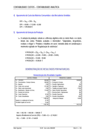 CONTABILIDADE CUSTOS – CONTABILIDADE ANALÍTICA 
4) Apuramento do Custo das Matérias Consumidas e das Mercadorias Vendidas 
CIPV  SoPA  CIPA  SfPA 
CIPV  40.000 1.115.000  65.000 
CIPV  1.090.000,00 € 
5) Apuramento da Variação da Produção 
 A variação da produção: calcula-se a diferença algébrica entre os stocks finais e os stocks 
iniciais das contas “Produtos acabados e intermédios”, “Subprodutos, desperdícios, 
resíduos e refugos” e “Produtos e trabalhos em curso”, tomando ainda em consideração o 
movimento registado em “Regularização de existências”. 
    V.PRODUÇÃO  SfPA  SfPCF  SoPA  SoPCF 
V.PRODUÇÃO  65.000  70.000  40.000  50.000 
V.PRODUÇÃO  135.000  90.000 
V.PRODUÇÃO  45.000,00 € 
DEMONSTRAÇÃO DE RESULTADOS POR NATUREZAS 
Demonstração dos Resultados Líquidos 
CUSTOS E PERDAS PROVEITOS E GANHOS 
61 – C.M.V.M.C. 840.000 71 – Vendas 1.400.000 
62 – Fornecimentos e Serviços Externos 200.000 72 – Prestação de Serviços 0 
63 – Impostos 5.900 73 – Proveitos Suplementares 700 
64 – Custos com o pessoal 231.400 74 – Subsídios à Exploração 3.000 
65 – Outros custos operacionais 2.900 75 – Trabalhos p/a própria Empresa 27.000 
66 – Amortizações e Ajustam. do Exerc. 114.600 76 – Outros Proveitos Operacionais 300 
67 – Provisões do Exercício 0 77 – Reversão Amort. e Ajustamentos 800 
68 – Custos Financeiros 10.700 78 – Proveitos Financeiros 500 
69 – Custos Extraordinários 2.800 79 – Proveitos Extraordinários 4.800 
1.408.300 Variação da Produção 45.000 
Imposto s/ o rendimento do Exercício 22.140 
Resultado Líquido do Exercício 51.660 
1.482.100 1.482.100 
RAI  1.482.100 1.408.300  73800,00 € 
Imposto s/Rendimento do Exercício (30%)  73.8000,3  22.140,00 € 
RLE  73.800  22.140  51.660,00 
Mário Figueiredo ISCAP - Ano Lectivo 2008/2009 Folha 33 → 150 
 